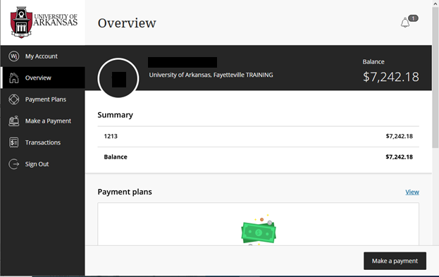 A screen showing tuition balance. 