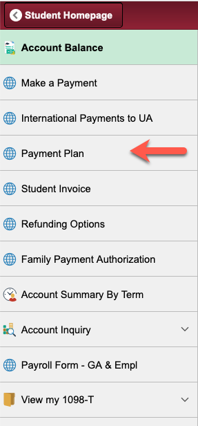 A list of options including payment plan.