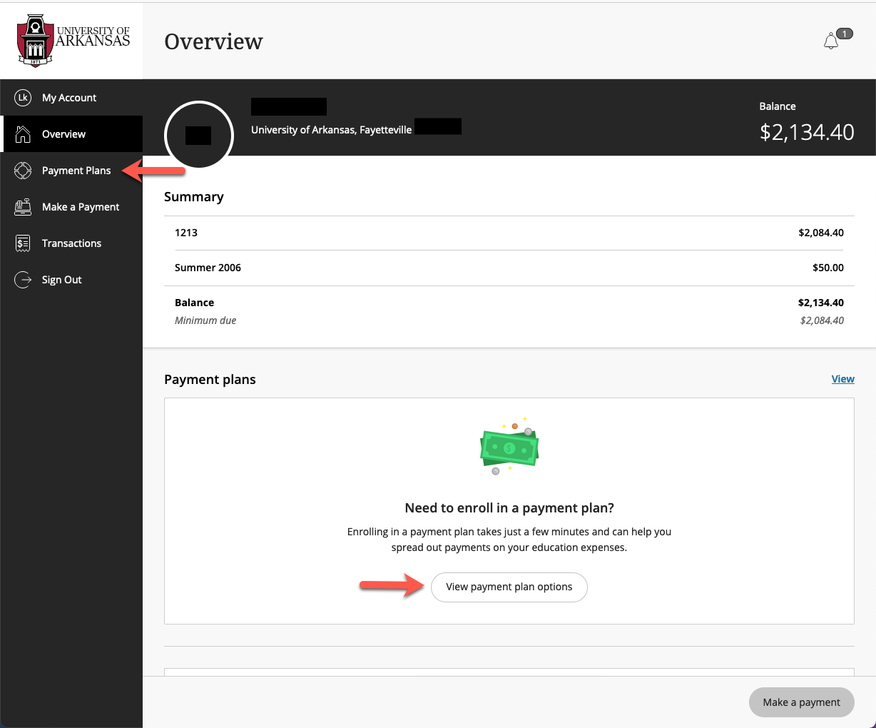 A finance screen with two places to click for payment plans.