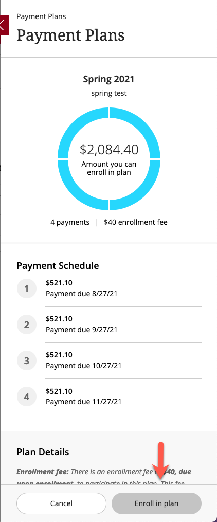 A screen showing payment dates, payment amounts, and a confirm button.