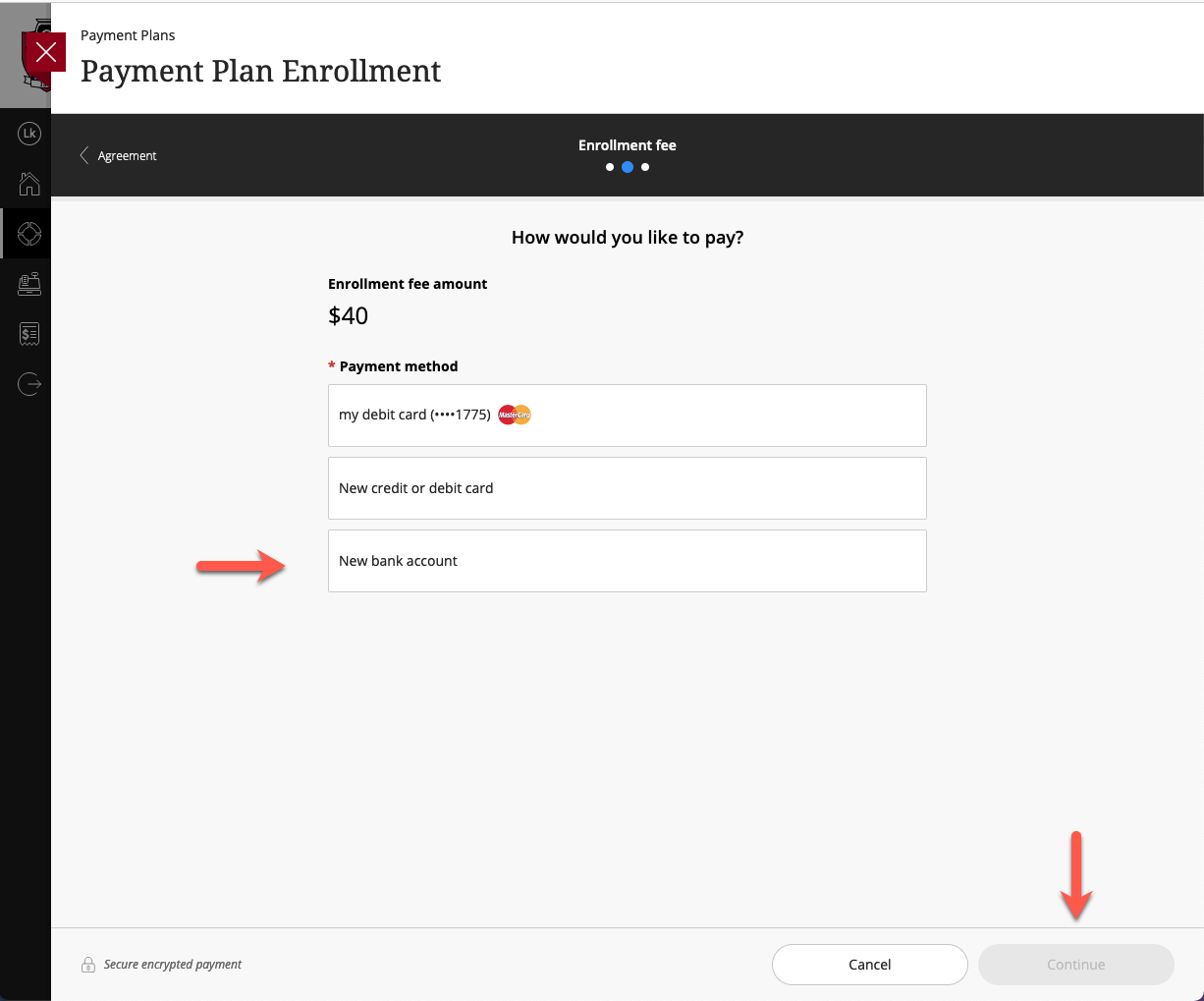 A screen showing options for different payment methods.