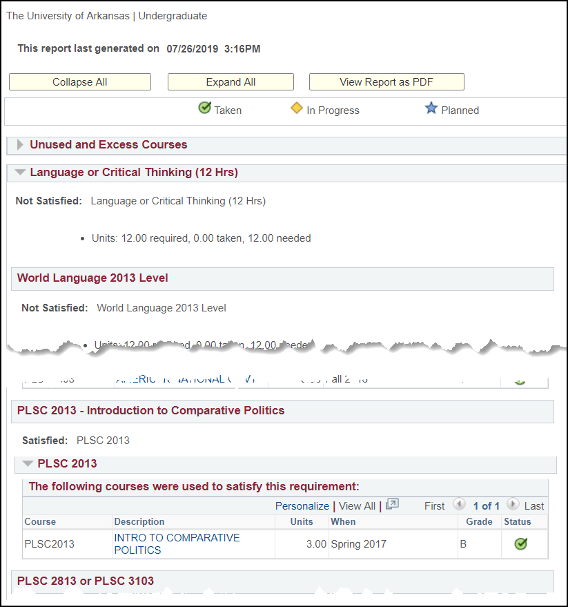 screenshot of the academic advisement report screen