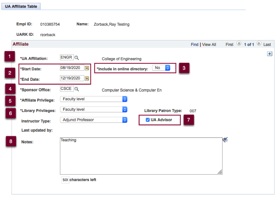 screenshot of Affiliate screen in UAConnect highlighting Start and End Date, Include in online drectory, and UA Advisor fields.