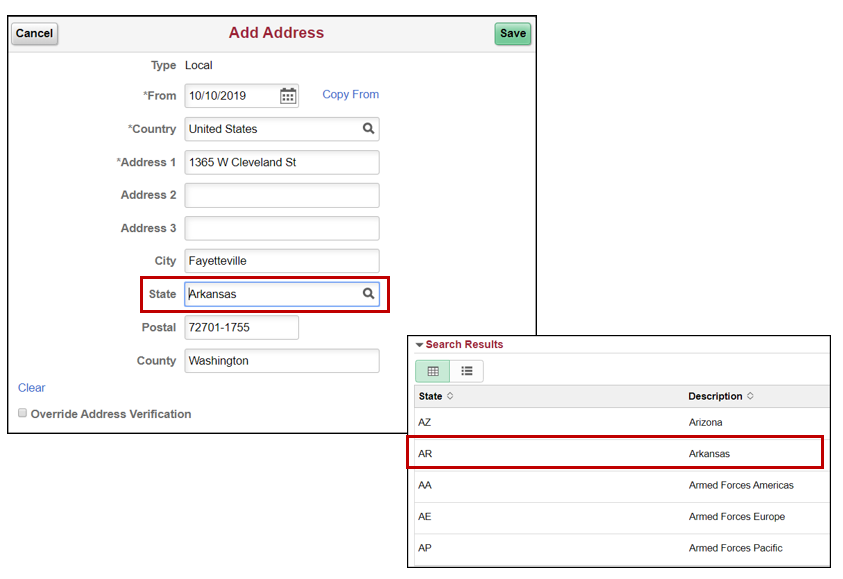 Screenshot of State selector