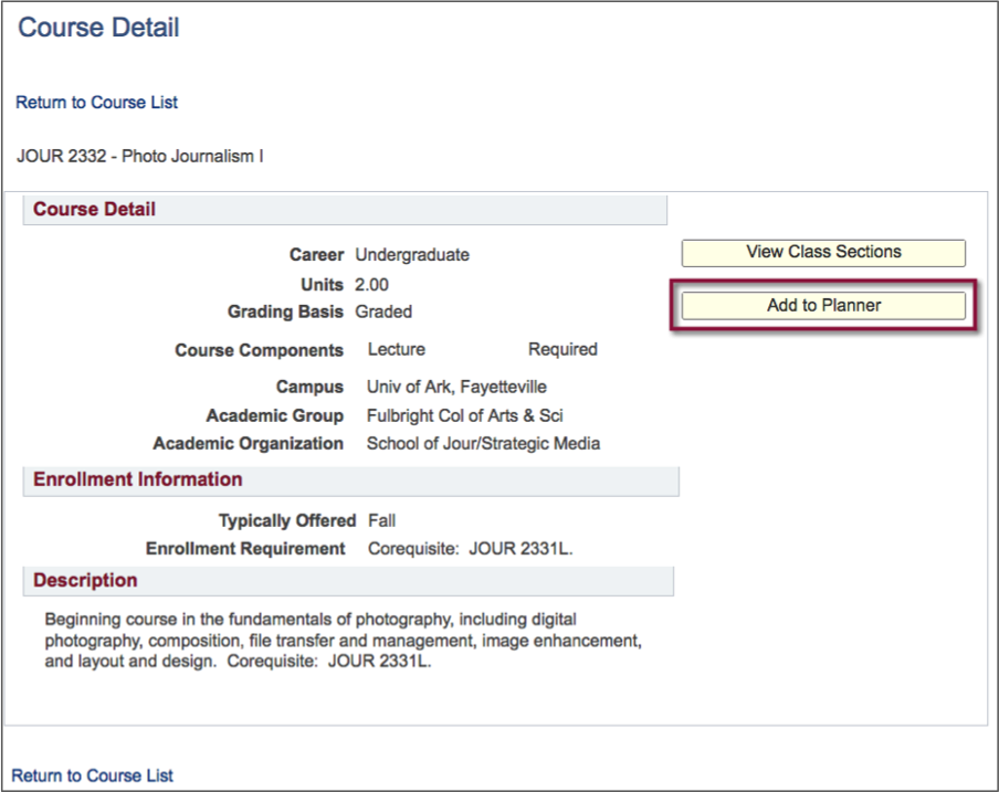 screenshot of course detail page with Add to Planner button highlighted