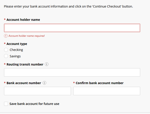 Boxes to enter bank account information. 