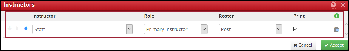 Screenshot highlighting required fields listing for instructor