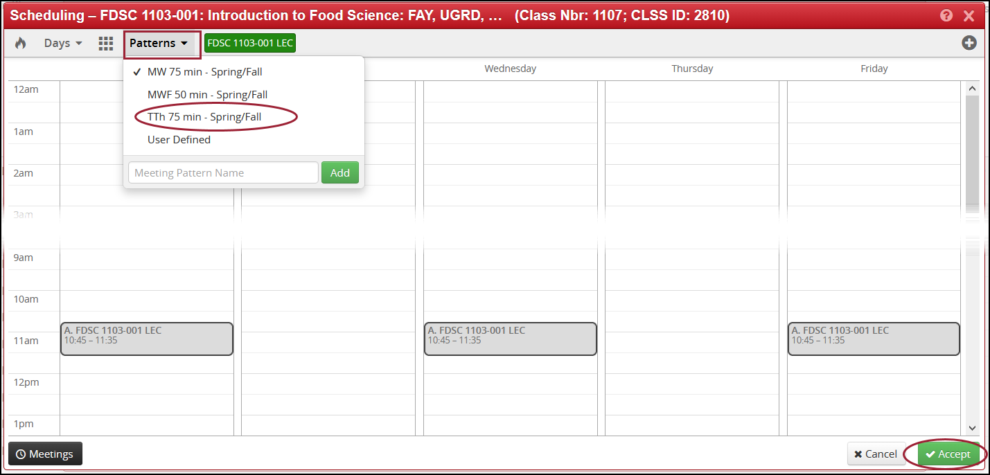 class meeting pattern drop-down menu