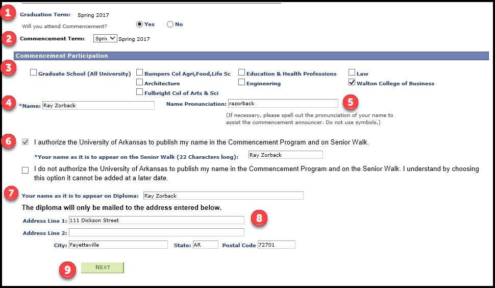 screenshot of graduation application form