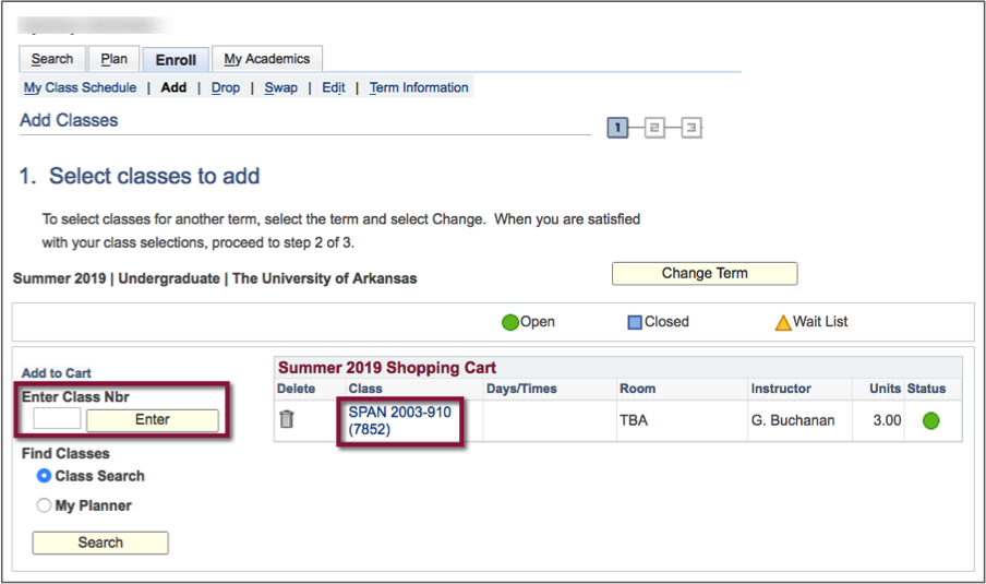 screenshot highlighting the Enter Class Nbr field and the Course Number information