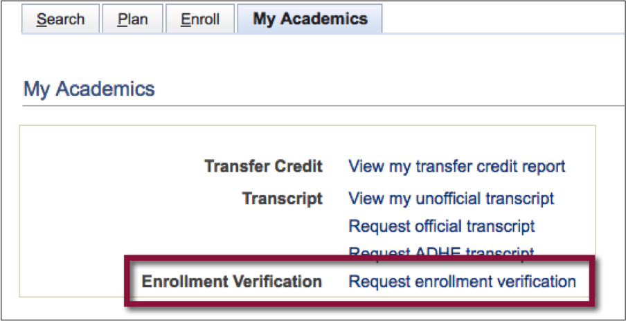 screenshot highlighting the Enrollment Verification link