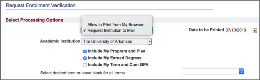 processing options with Request Institution to Mail selected