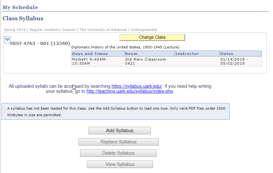 Screenshot of options to Add, Replace, Delete, View Syllabus