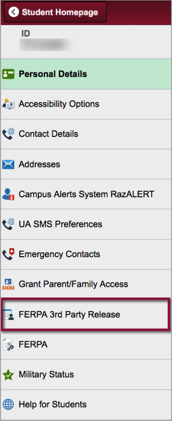 FERPA 3rd Party Release in drop-down menu