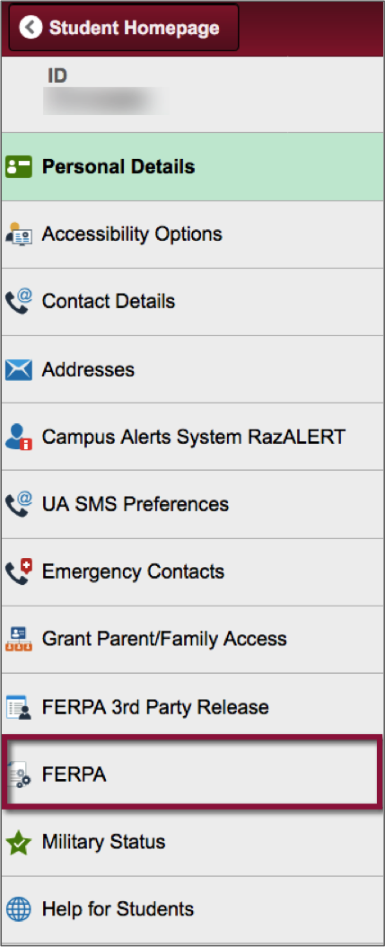 screenshot highlighting FERPA in the Personal Details menu