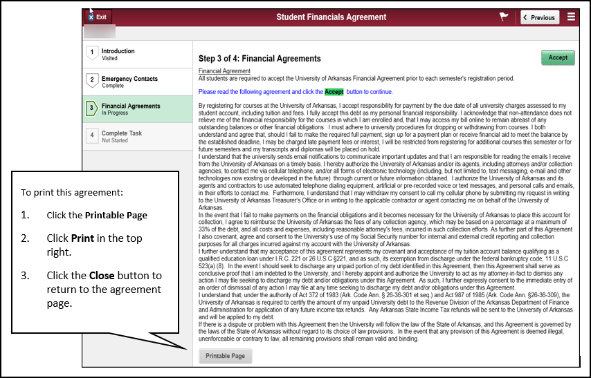 screenshot of the financial agreements page and Printable Page button