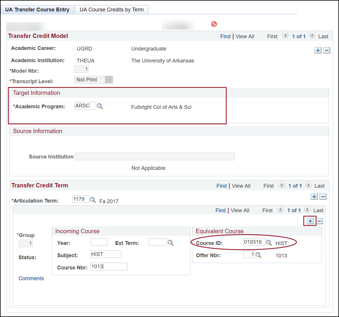 screenshot of Transfer Course Entry tab highlighting the Academic Program field, plus button and Course ID field.