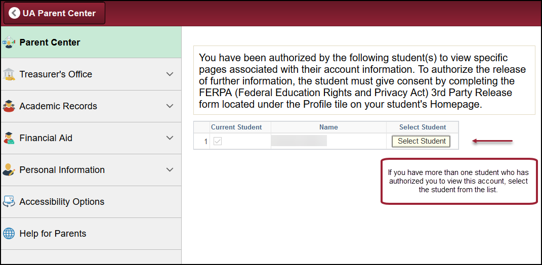 screenshot of parent center highlighting the Select Student button