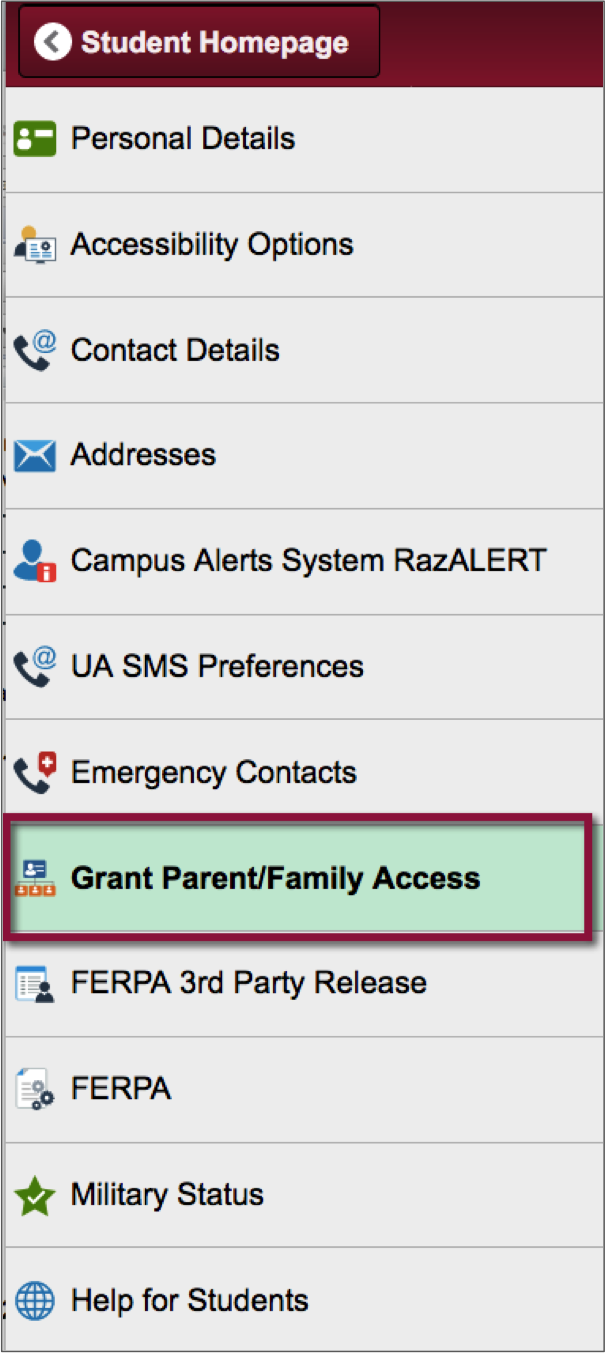 screenshot of Grant Parent/Family Access link