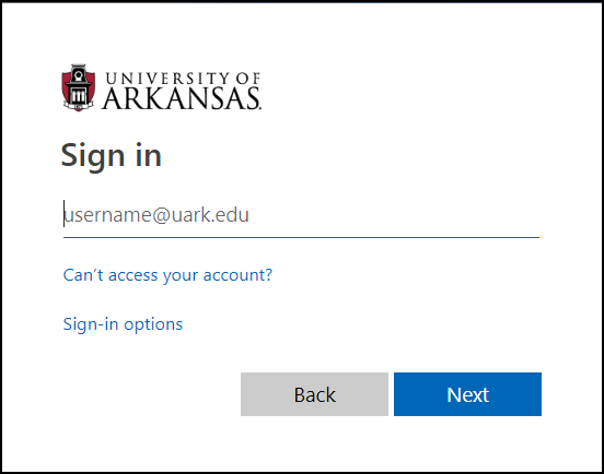 screenshot of the microsoft login screen requesting your UARK email address