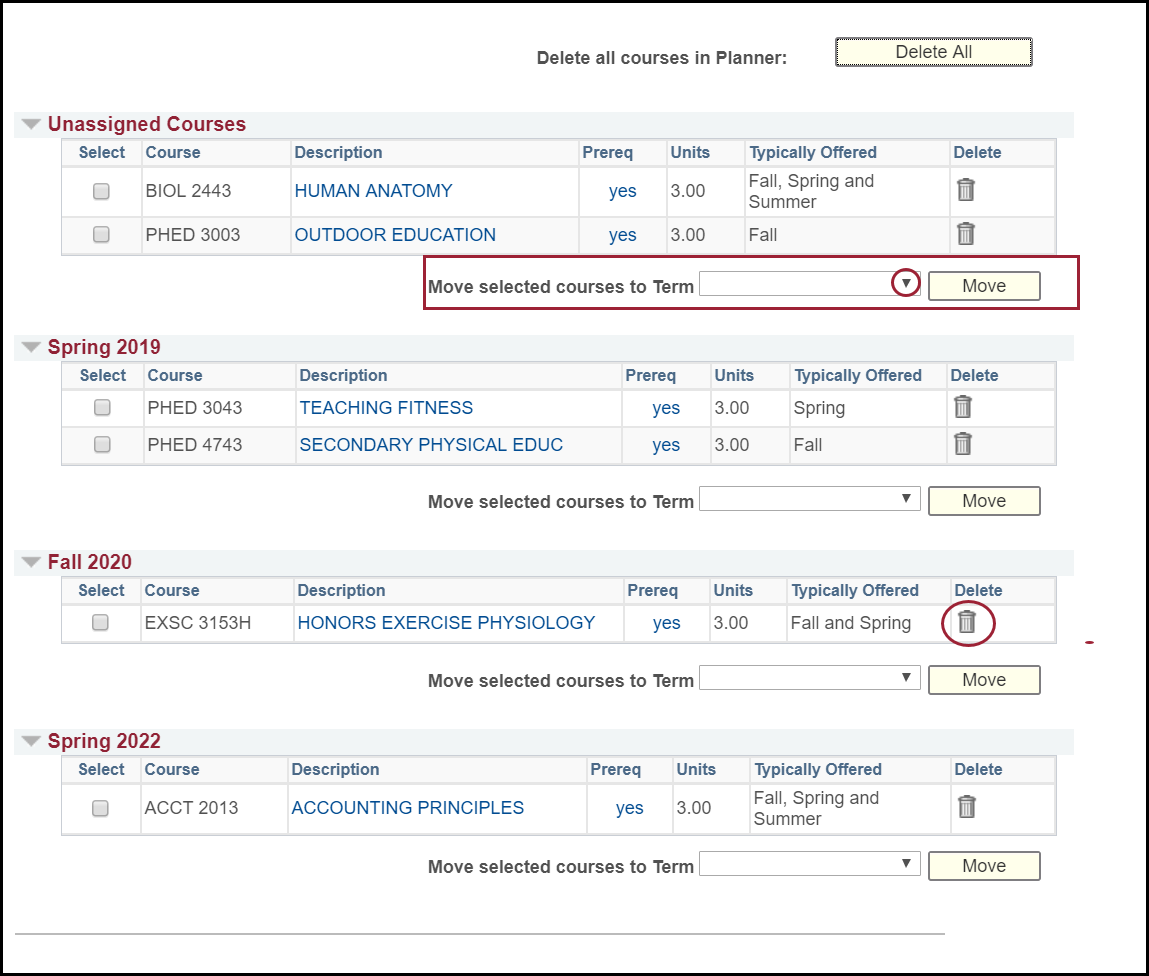 my planner screenshot. highlighting Move selected courses and Delete options