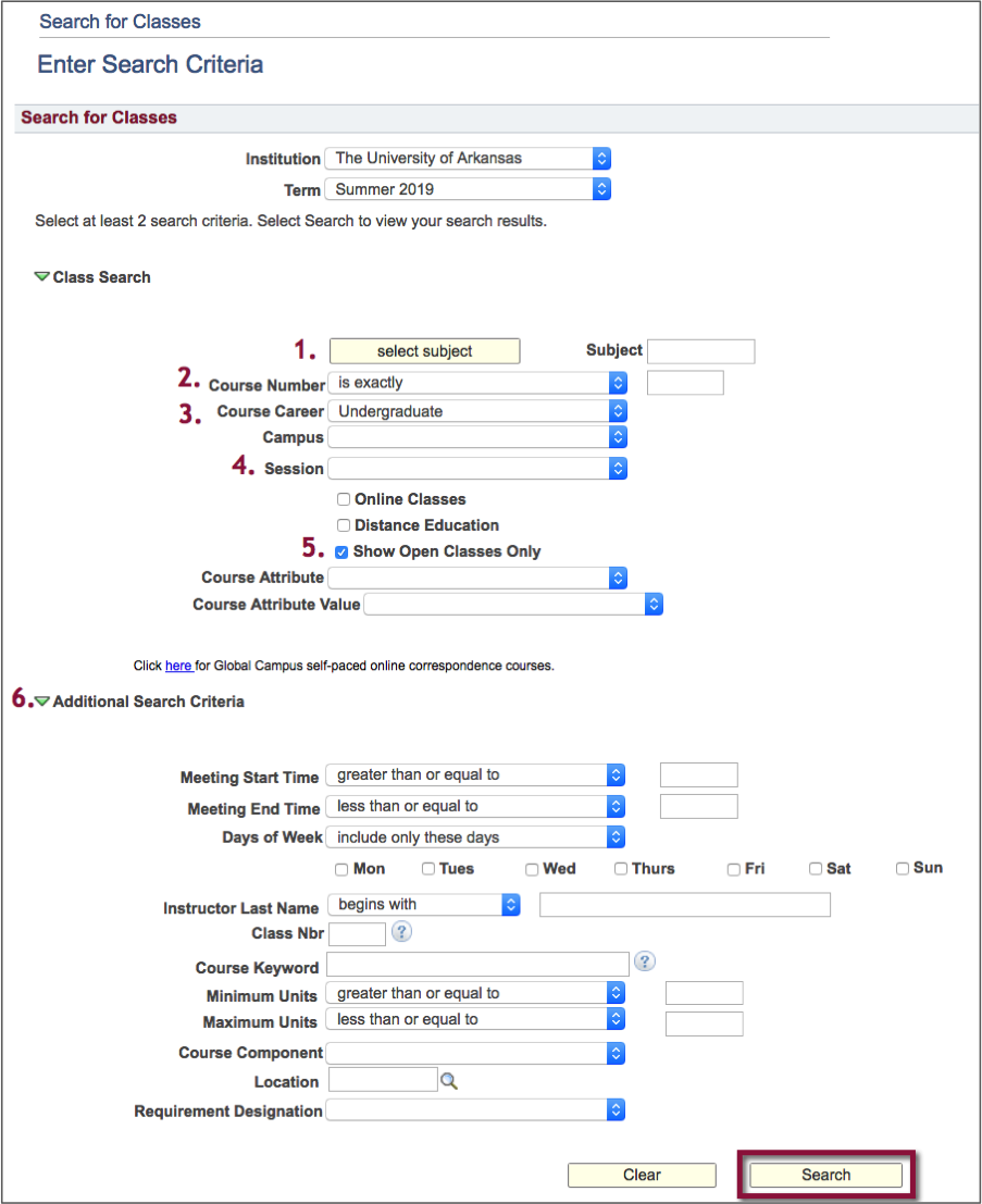 screenshot of Search Criteria page