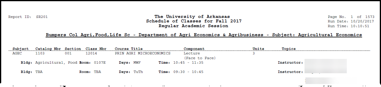 schedule of classes report