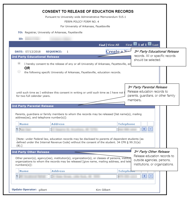 FERPA 3rd party release sections, 3rd Party Educational Release, 3rd Party Parental Release, and 3rd Party Other Release