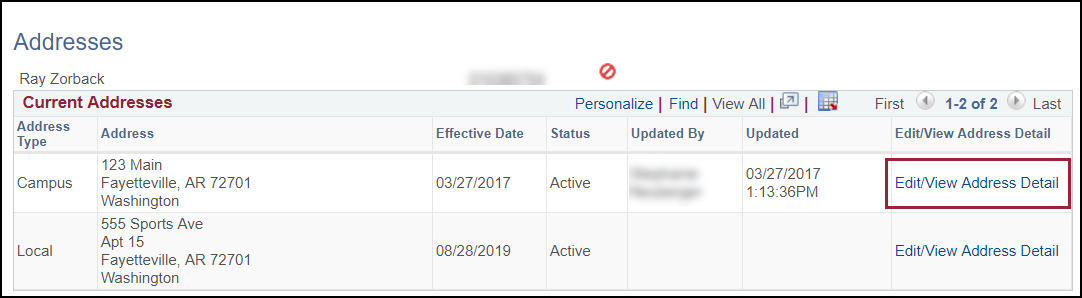 Screenshot highlighting the Edit/View Address Detail link