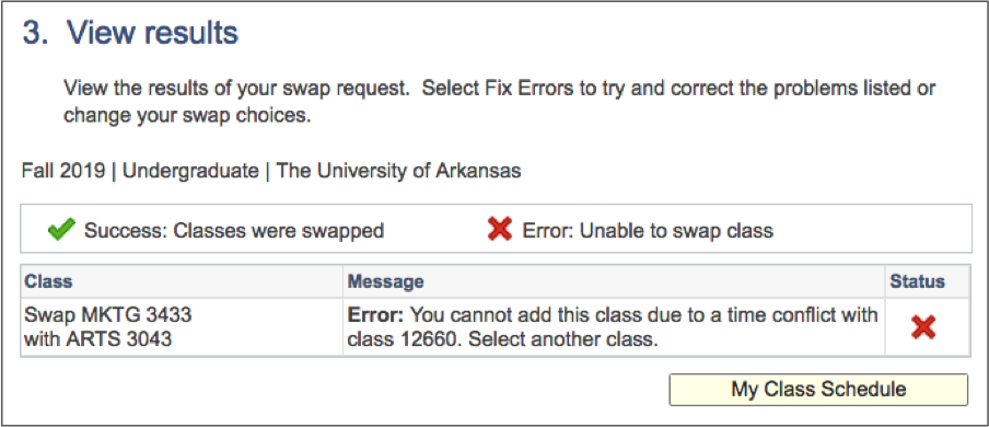 screenshot of swapped classes results page