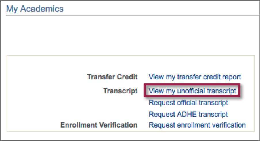 screenshot of view unofficial transcript 