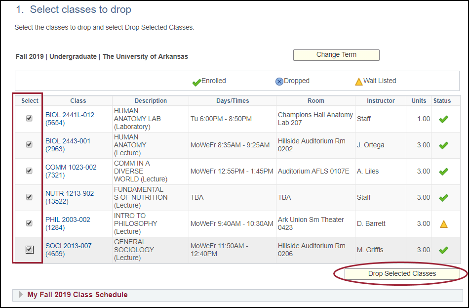 screenshot highlighting course check boxes and the Drop Selected Classes button